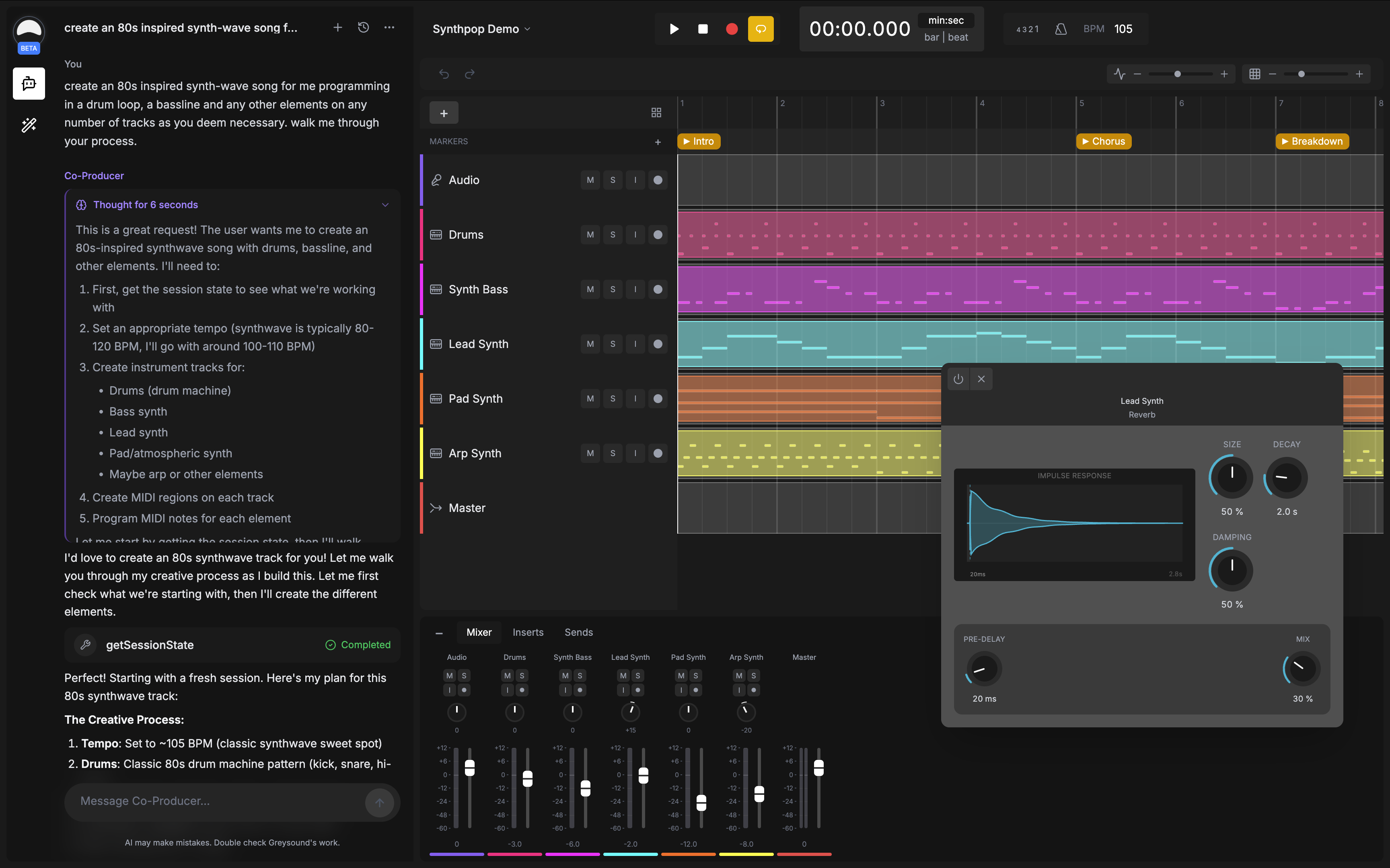 Greysound DAW Interface showing multi-track arrangement with AI assistant