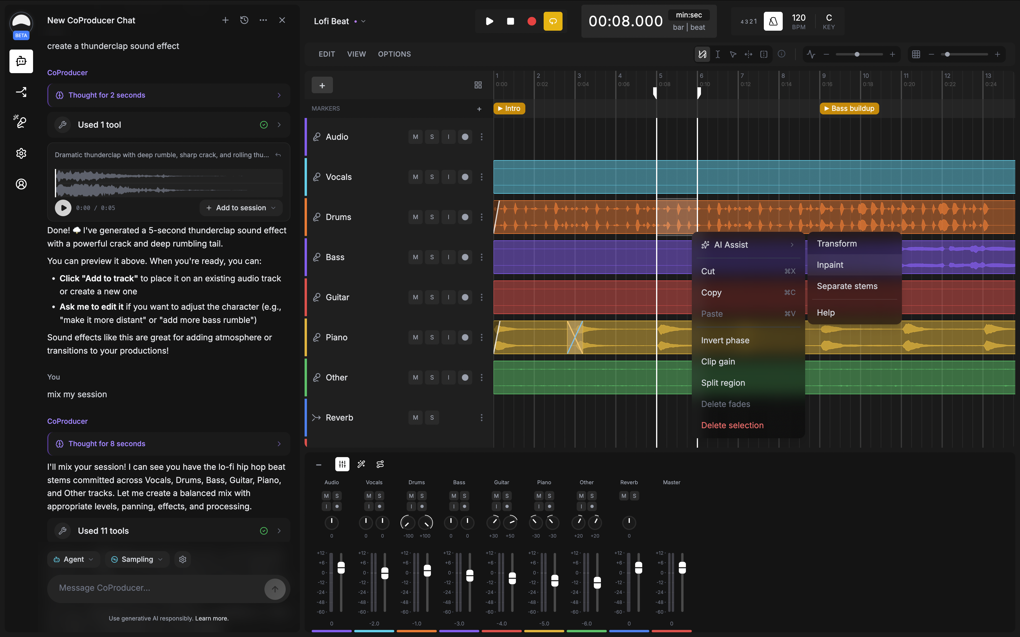 Greysound DAW Interface showing multi-track arrangement with AI assistant