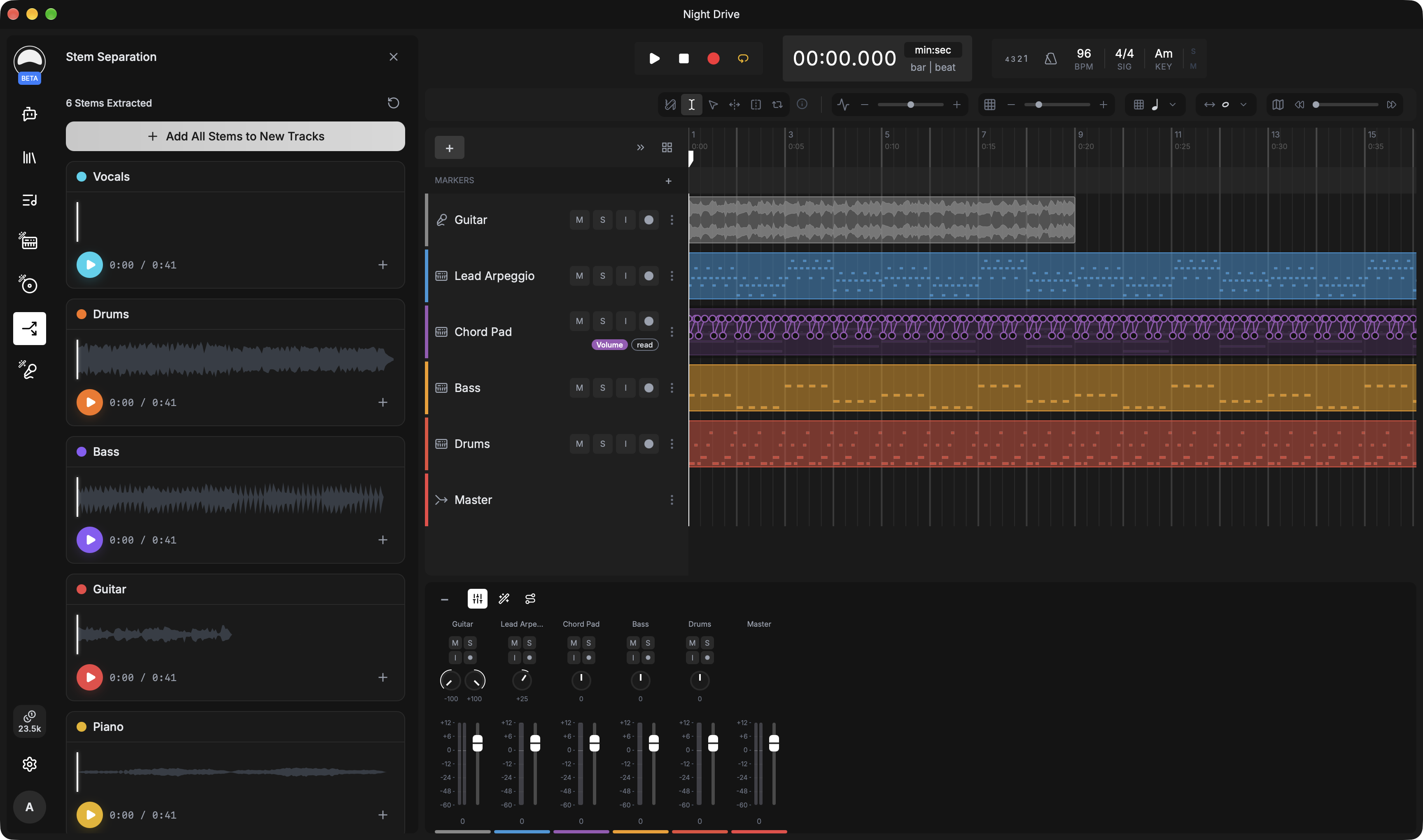 Stem Separation panel listing the stems split from a bounced mix, next to the session timeline.