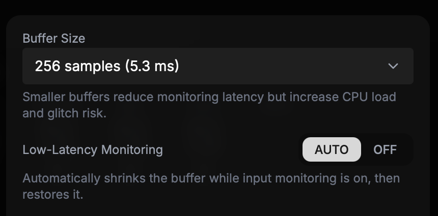 Audio Driver settings: buffer size set to 256 samples (5.3 ms) and Low-Latency Monitoring set to Auto.