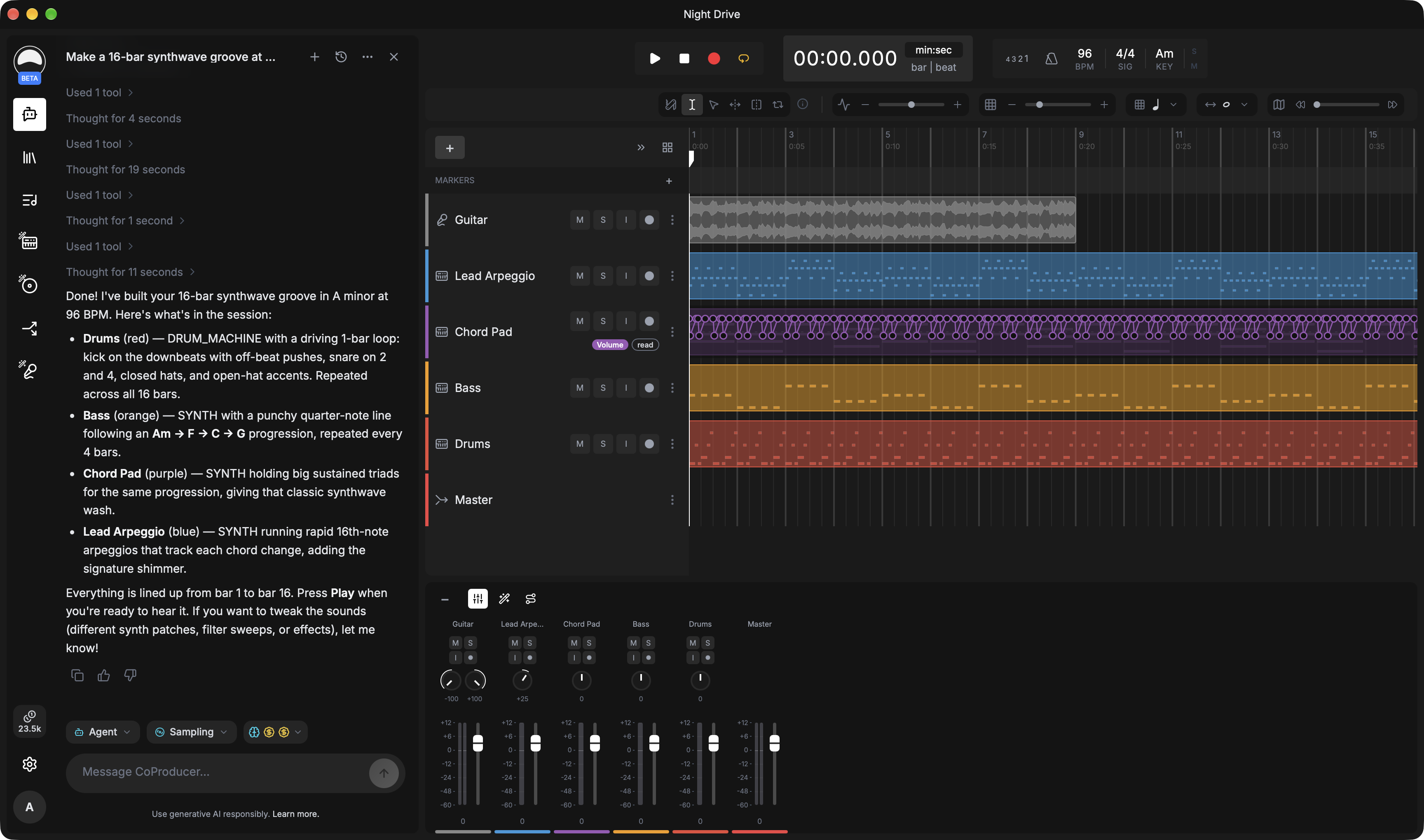 Greysound Pro on macOS: a synthwave session with audio and MIDI tracks, the mixer, and CoProducer's summary of the tracks it built