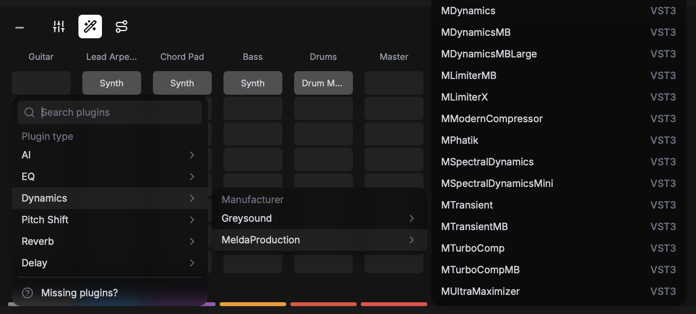 The insert menu open from a mixer slot: plugin type Dynamics, manufacturer MeldaProduction, and its VST3 plugins.