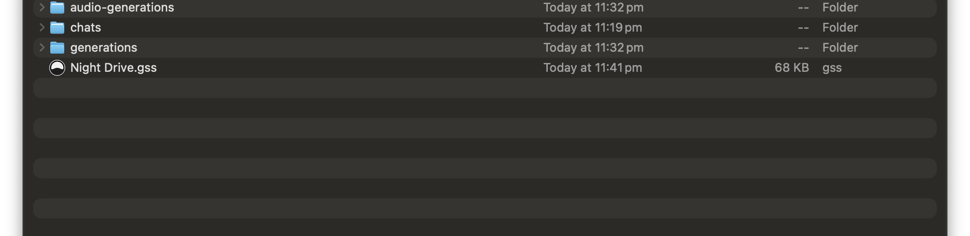 A session folder in Finder: the Night Drive.gss session file next to its audio-files, audio-generations, chats, and generations folders.
