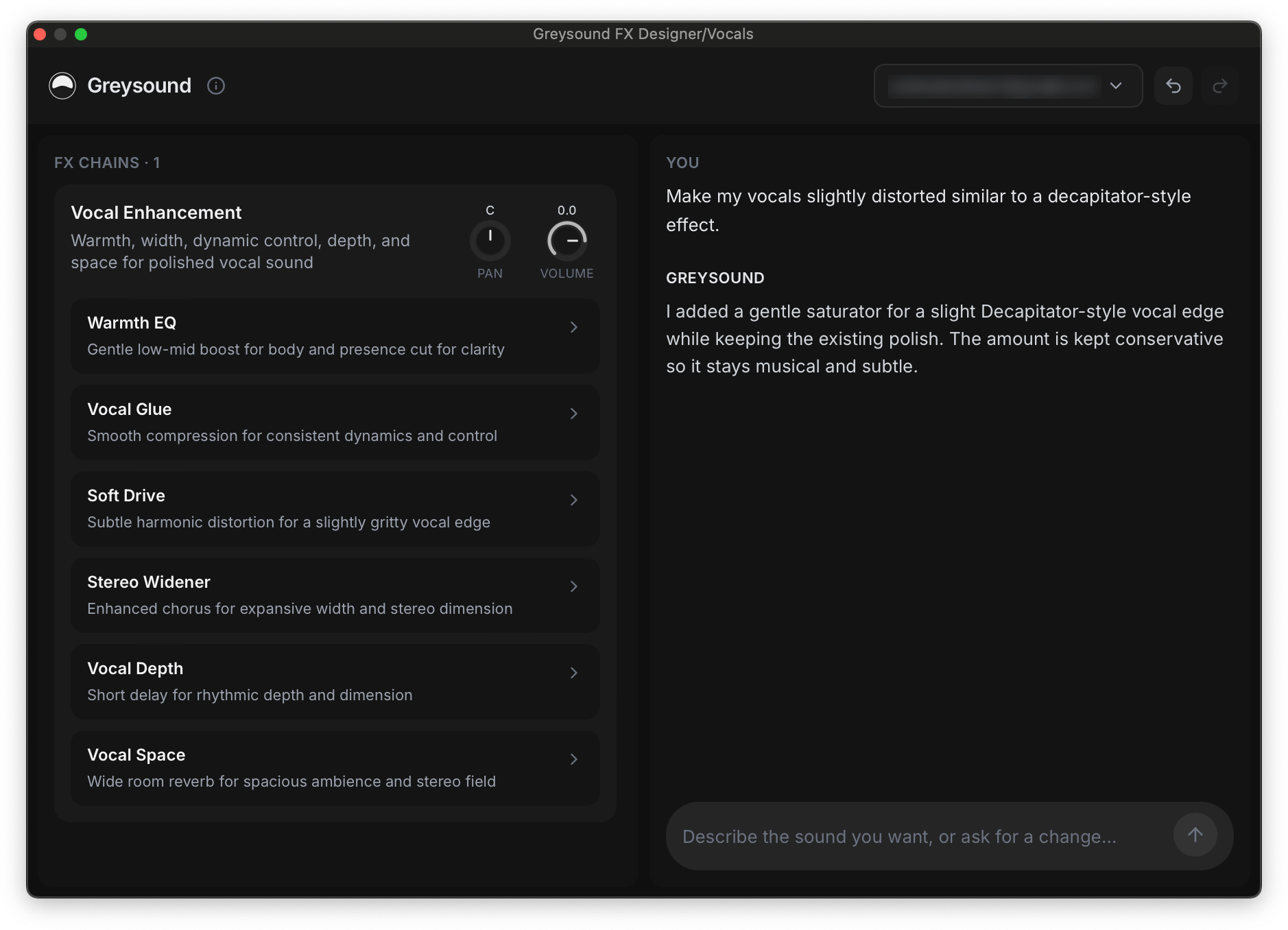 The Greysound plugin building an editable vocal effects chain from a natural-language request